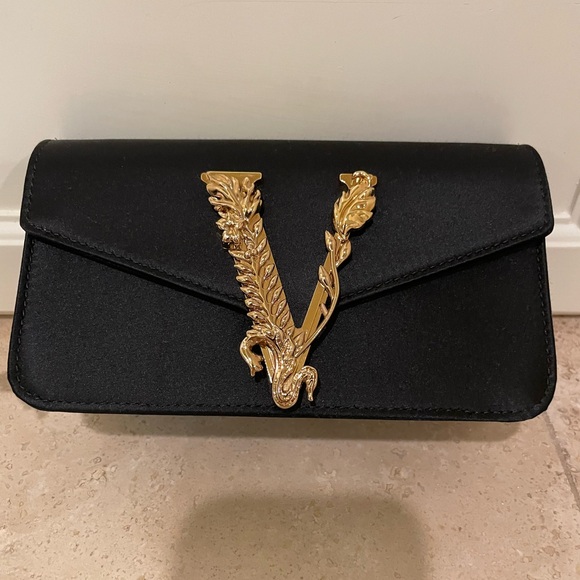 Versace Handbags - Versace Black Clutch with Gold Embellishment and removable crossbody chain strap
